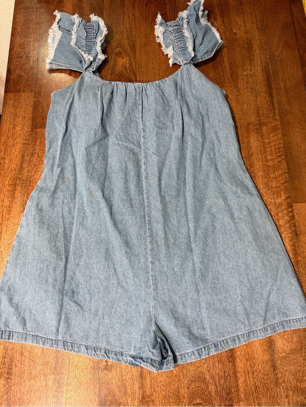 Blue Light Denim Ruffle-Strap Romper - Picture 3 of 6